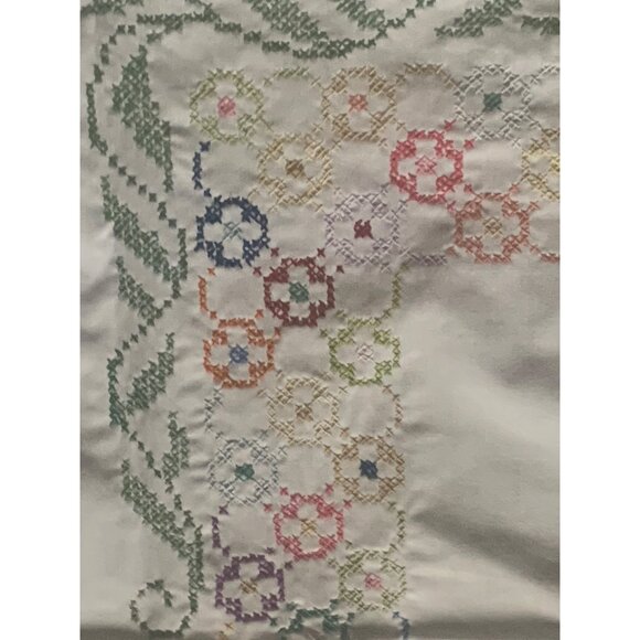 Vintage Hand Cross Stitch Floral Tablecloth with Scalloped Edges 48" x 51" Cotto - Picture 6 of 11